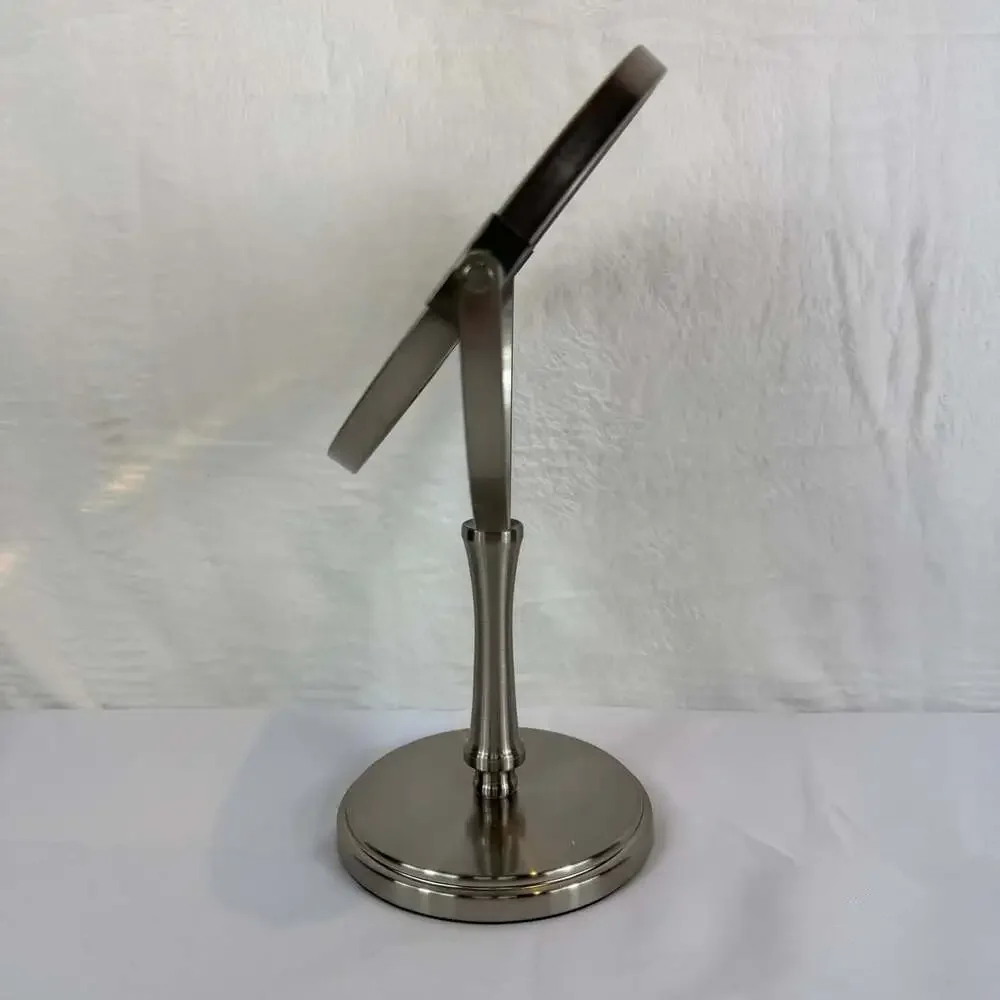 Dual-sided magnifying vanity mirror 12” Tall Chrome/silver Finish Round Base